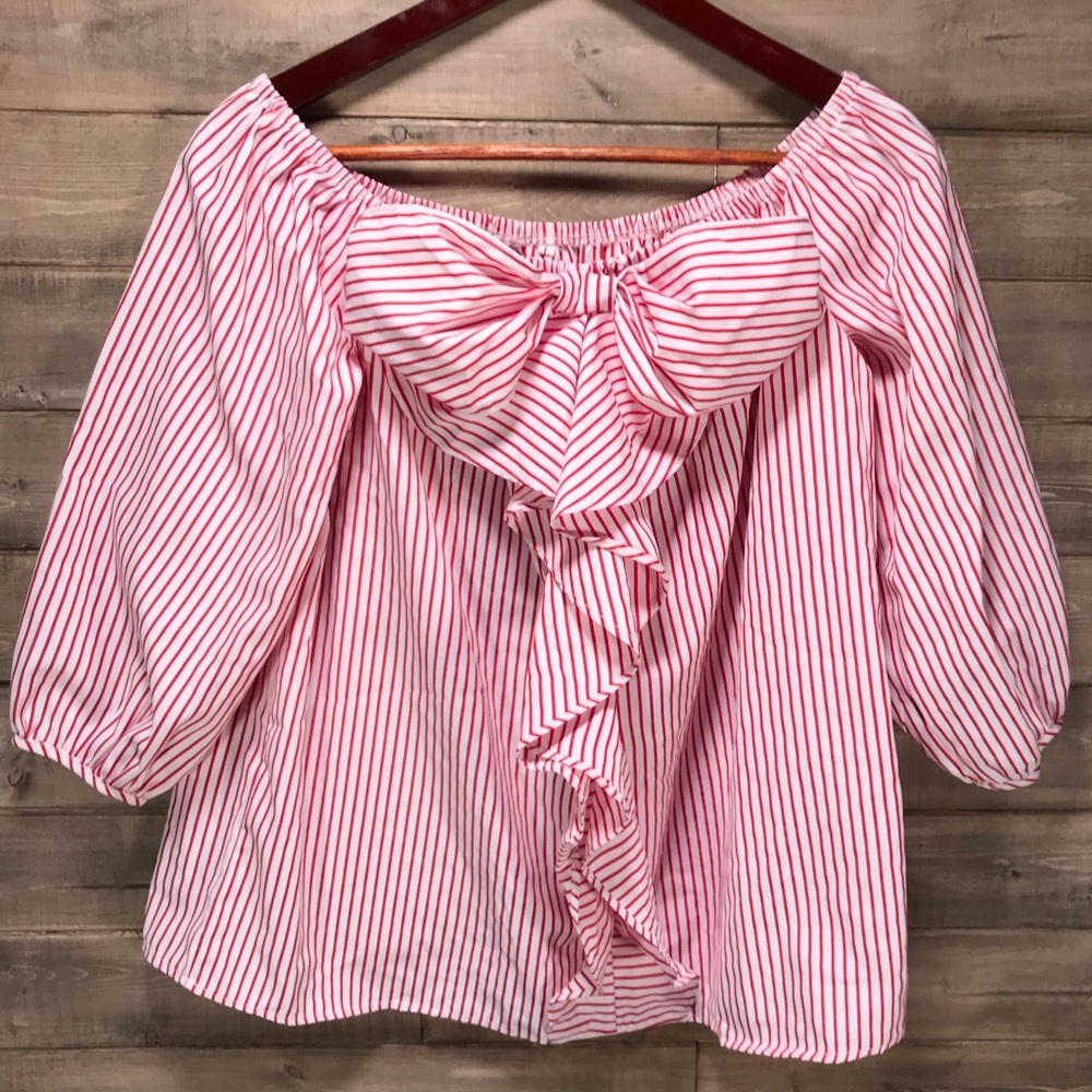 Off the Shoulder Striped Top w/ Band Bow Front